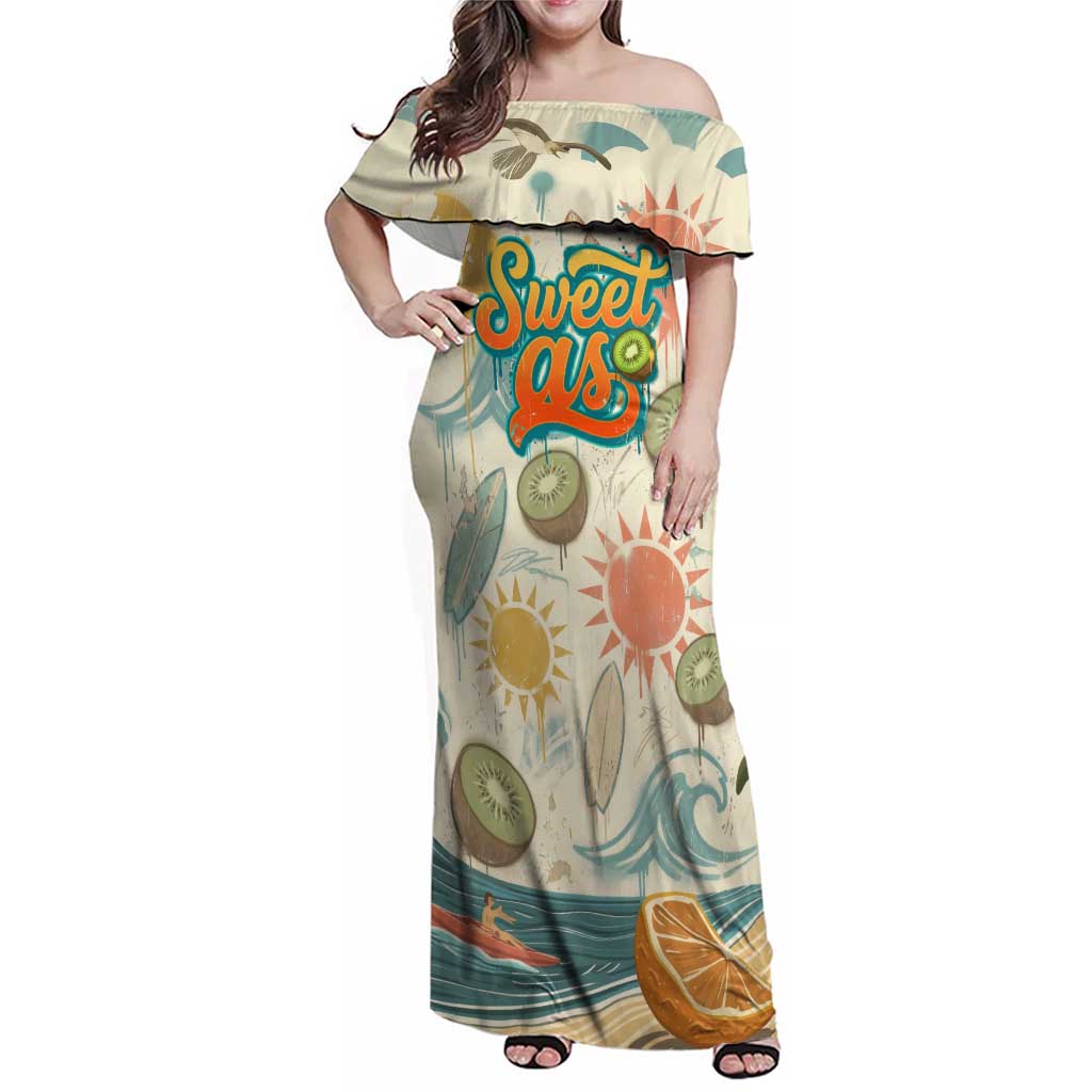 NZ Slang Sweet As Kiwi Shaka Sign Family Matching Off Shoulder Maxi Dress and Hawaiian Shirt New Zealand Surfboards Sun and Tropical Beach Retro TS04 Mom's Dress Beige - Polynesian Pride