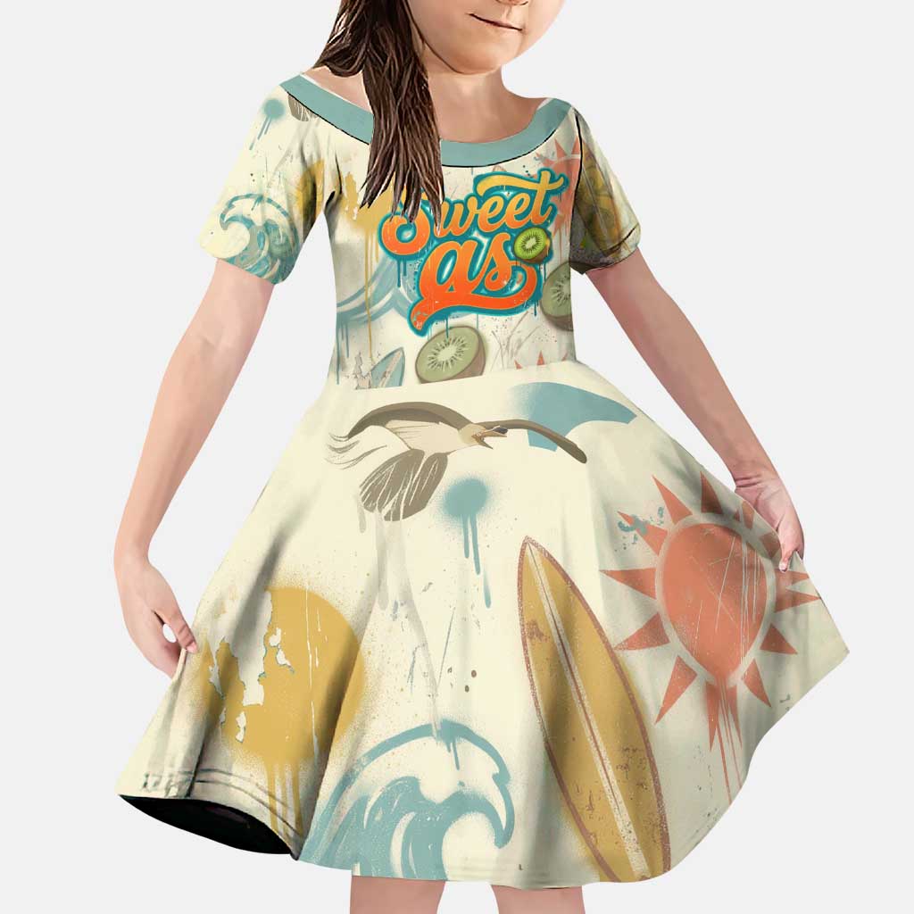 NZ Slang Sweet As Kiwi Shaka Sign Family Matching Puletasi and Hawaiian Shirt New Zealand Surfboards Sun and Tropical Beach Retro TS04 Daughter's Dress Beige - Polynesian Pride