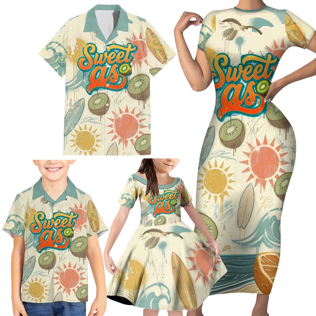 NZ Slang Sweet As Kiwi Shaka Sign Family Matching Short Sleeve Bodycon Dress and Hawaiian Shirt New Zealand Surfboards Sun and Tropical Beach Retro