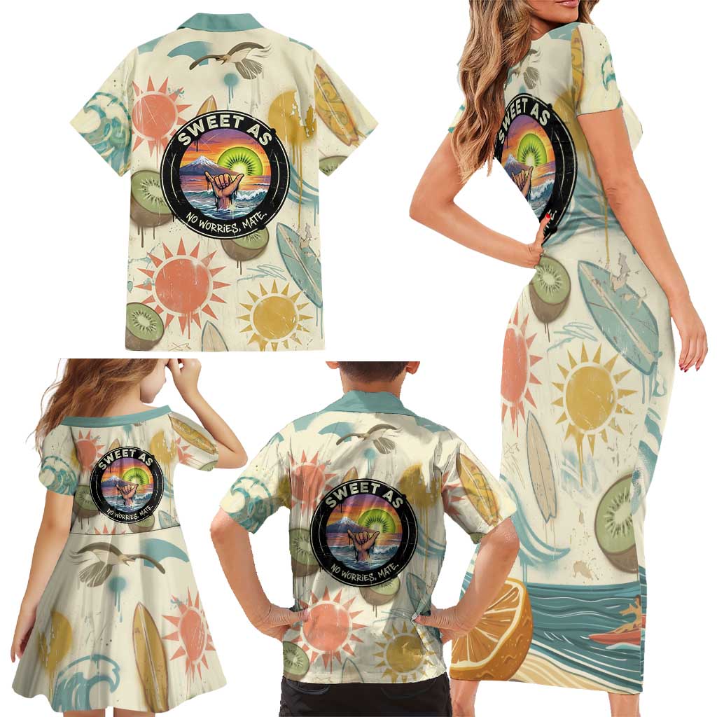 NZ Slang Sweet As Kiwi Shaka Sign Family Matching Short Sleeve Bodycon Dress and Hawaiian Shirt New Zealand Surfboards Sun and Tropical Beach Retro TS04 - Polynesian Pride