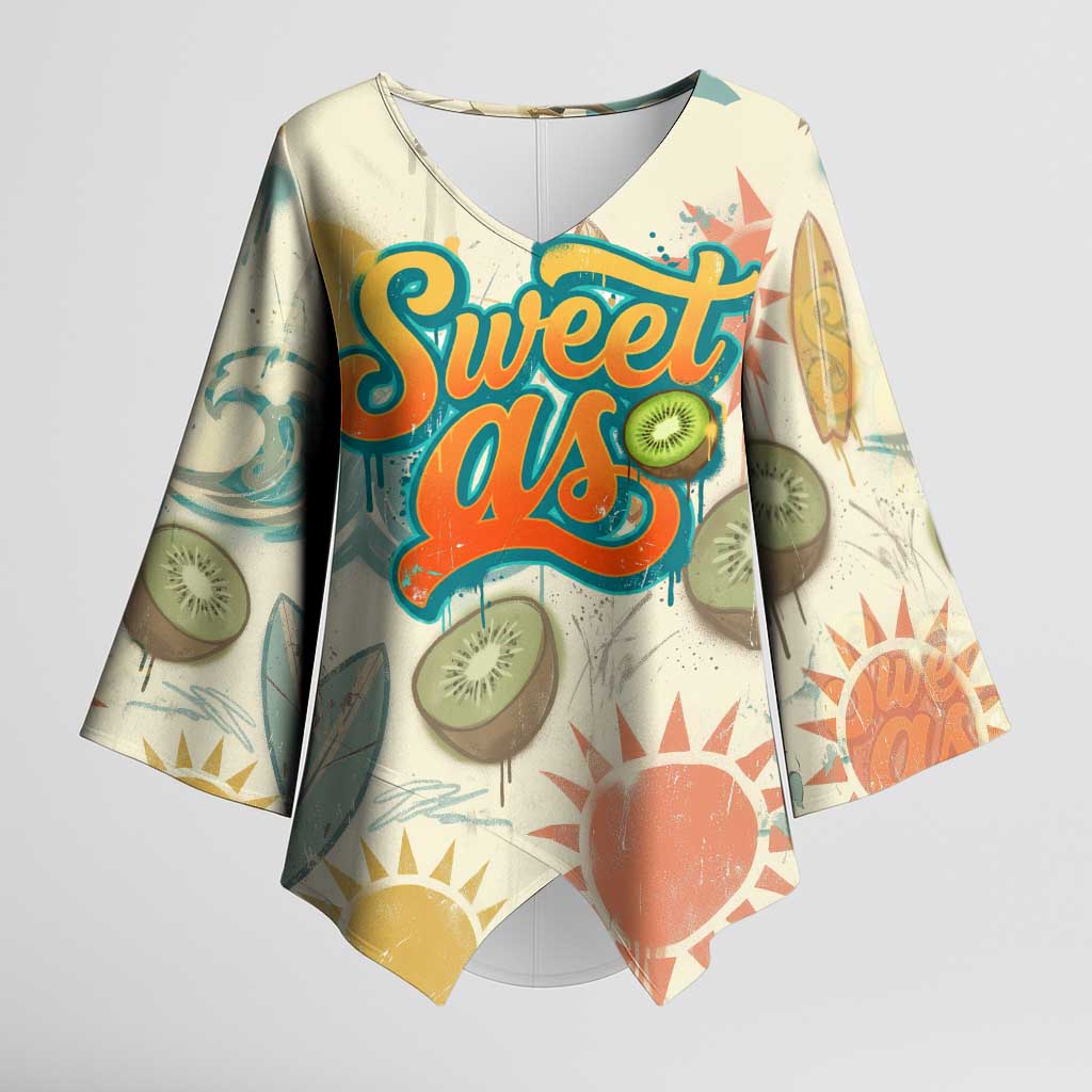 NZ Slang Sweet As Kiwi Shaka Sign Kimono Sleeve Blouse New Zealand Surfboards Sun and Tropical Beach Retro TS04 Female Beige - Polynesian Pride