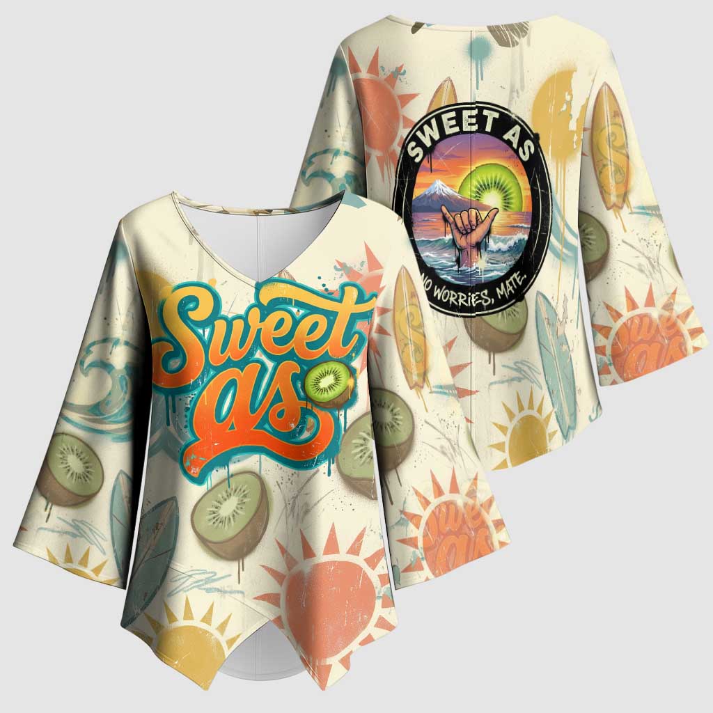 NZ Slang Sweet As Kiwi Shaka Sign Kimono Sleeve Blouse New Zealand Surfboards Sun and Tropical Beach Retro TS04 - Polynesian Pride