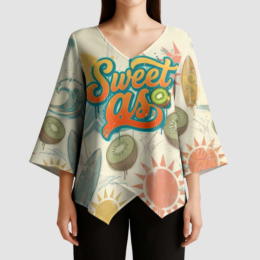 NZ Slang Sweet As Kiwi Shaka Sign Kimono Sleeve Blouse New Zealand Surfboards Sun and Tropical Beach Retro TS04 - Polynesian Pride