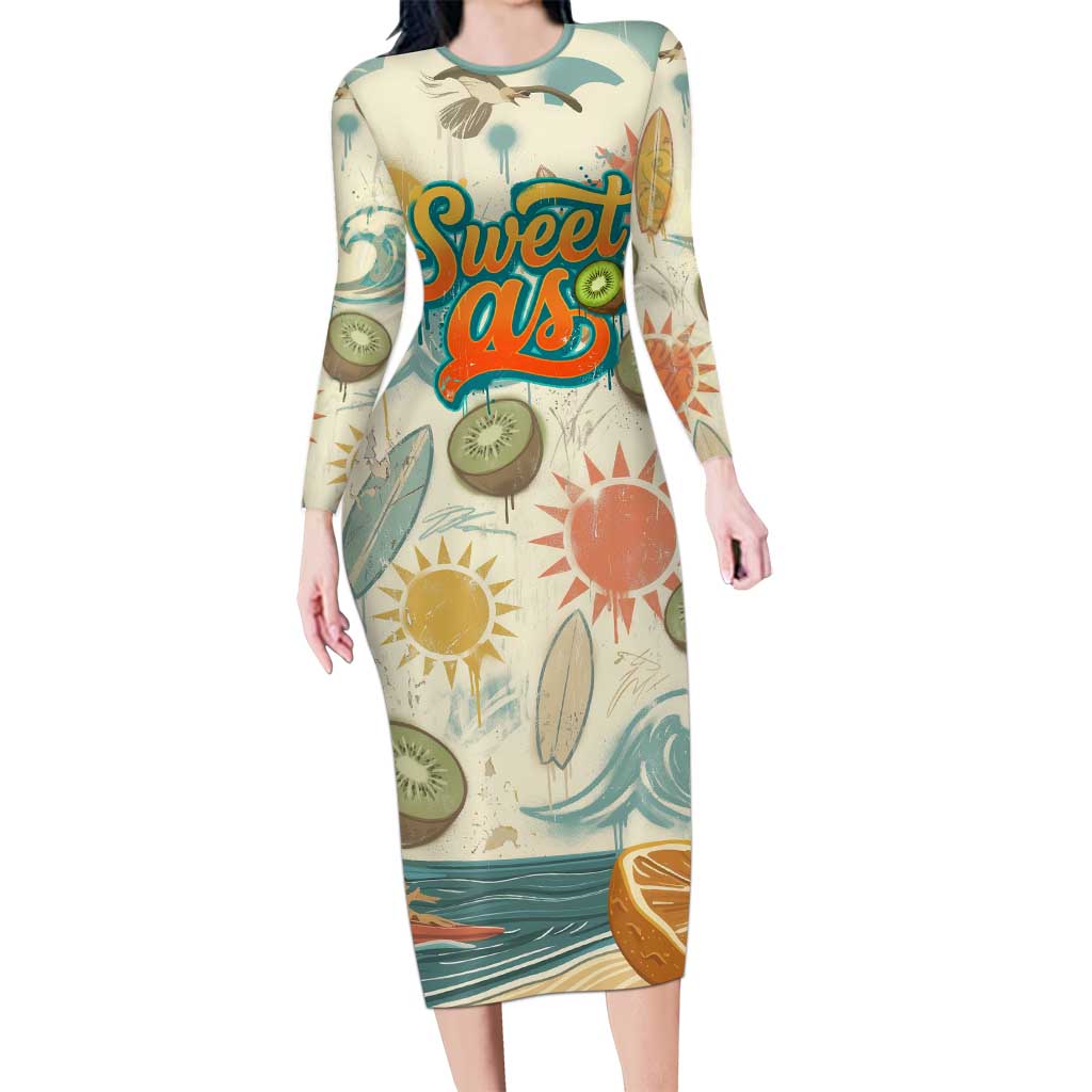 NZ Slang Sweet As Kiwi Shaka Sign Long Sleeve Bodycon Dress New Zealand Surfboards Sun and Tropical Beach Retro