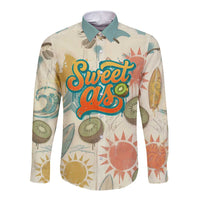 NZ Slang Sweet As Kiwi Shaka Sign Long Sleeve Button Shirt New Zealand Surfboards Sun and Tropical Beach Retro TS04 Unisex Beige - Polynesian Pride