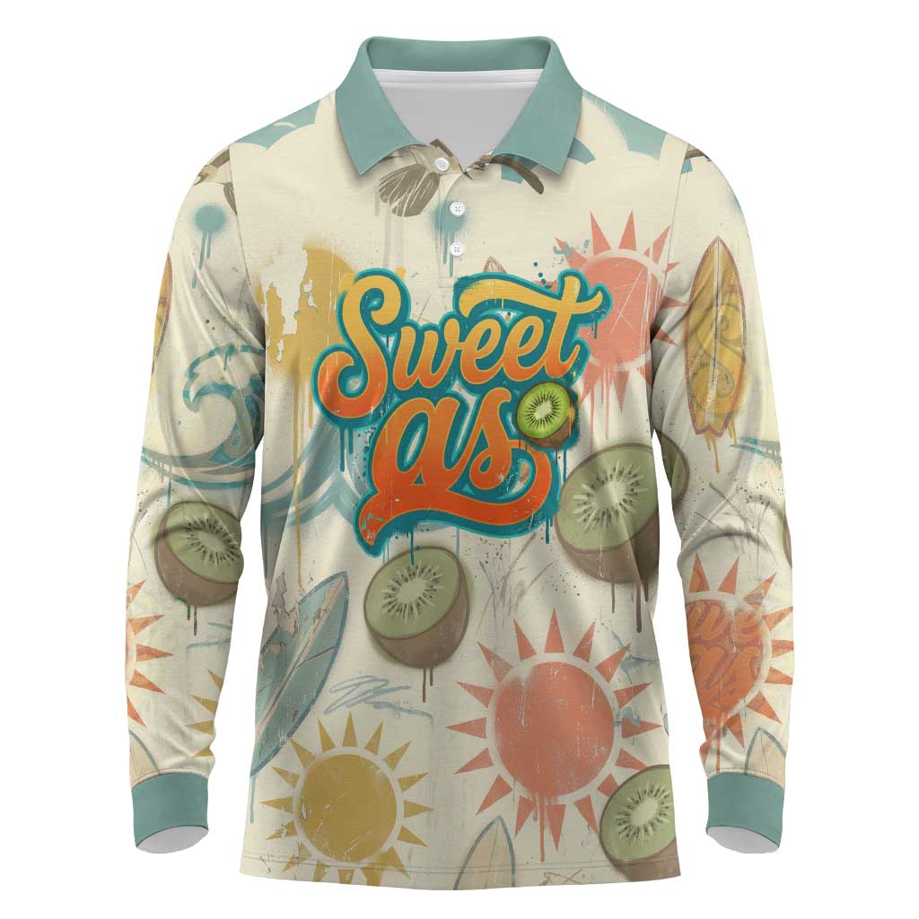 NZ Slang Sweet As Kiwi Shaka Sign Long Sleeve Polo Shirt New Zealand Surfboards Sun and Tropical Beach Retro TS04 Beige - Polynesian Pride
