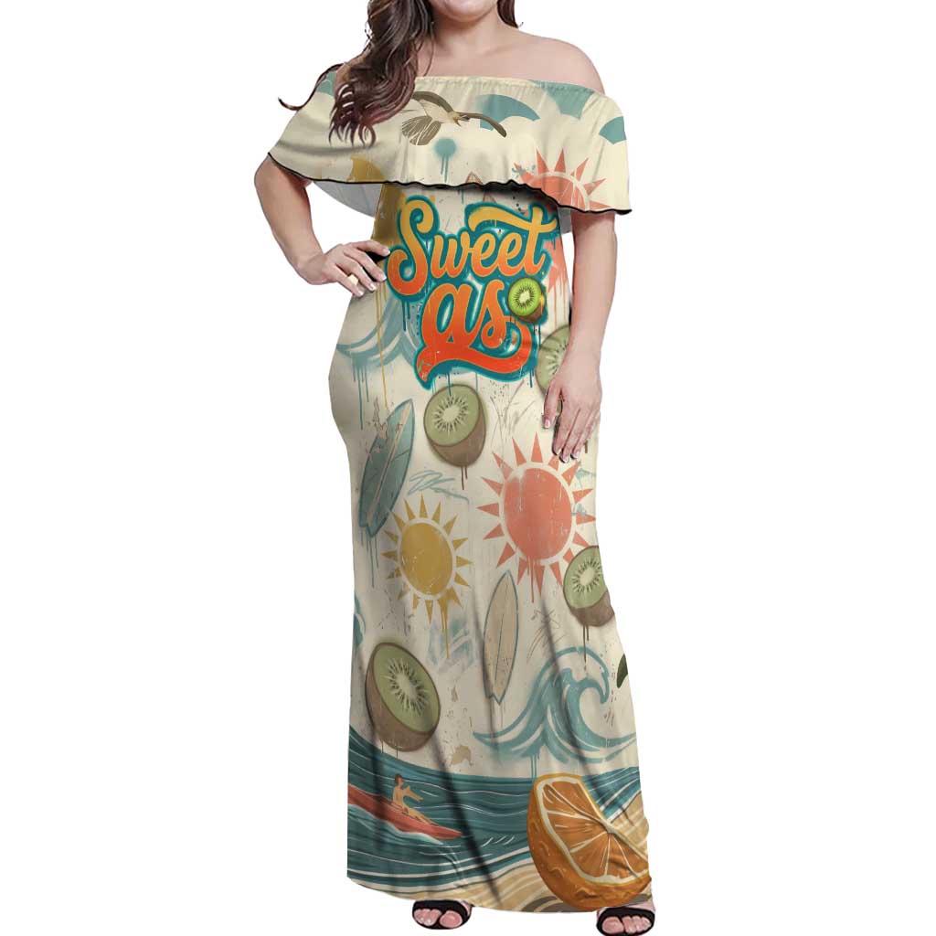 NZ Slang Sweet As Kiwi Shaka Sign Off Shoulder Maxi Dress New Zealand Surfboards Sun and Tropical Beach Retro