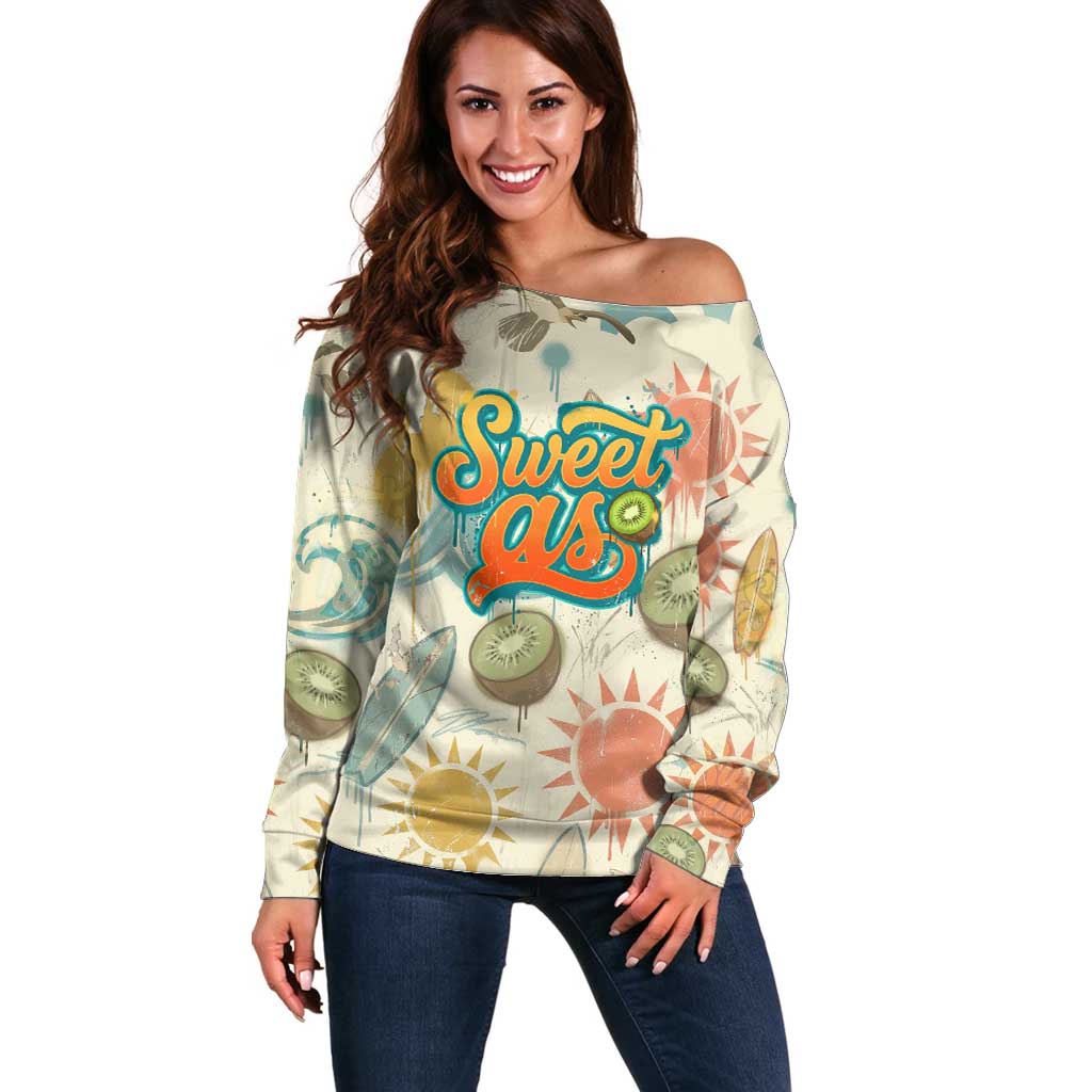 NZ Slang Sweet As Kiwi Shaka Sign Off Shoulder Sweater New Zealand Surfboards Sun and Tropical Beach Retro