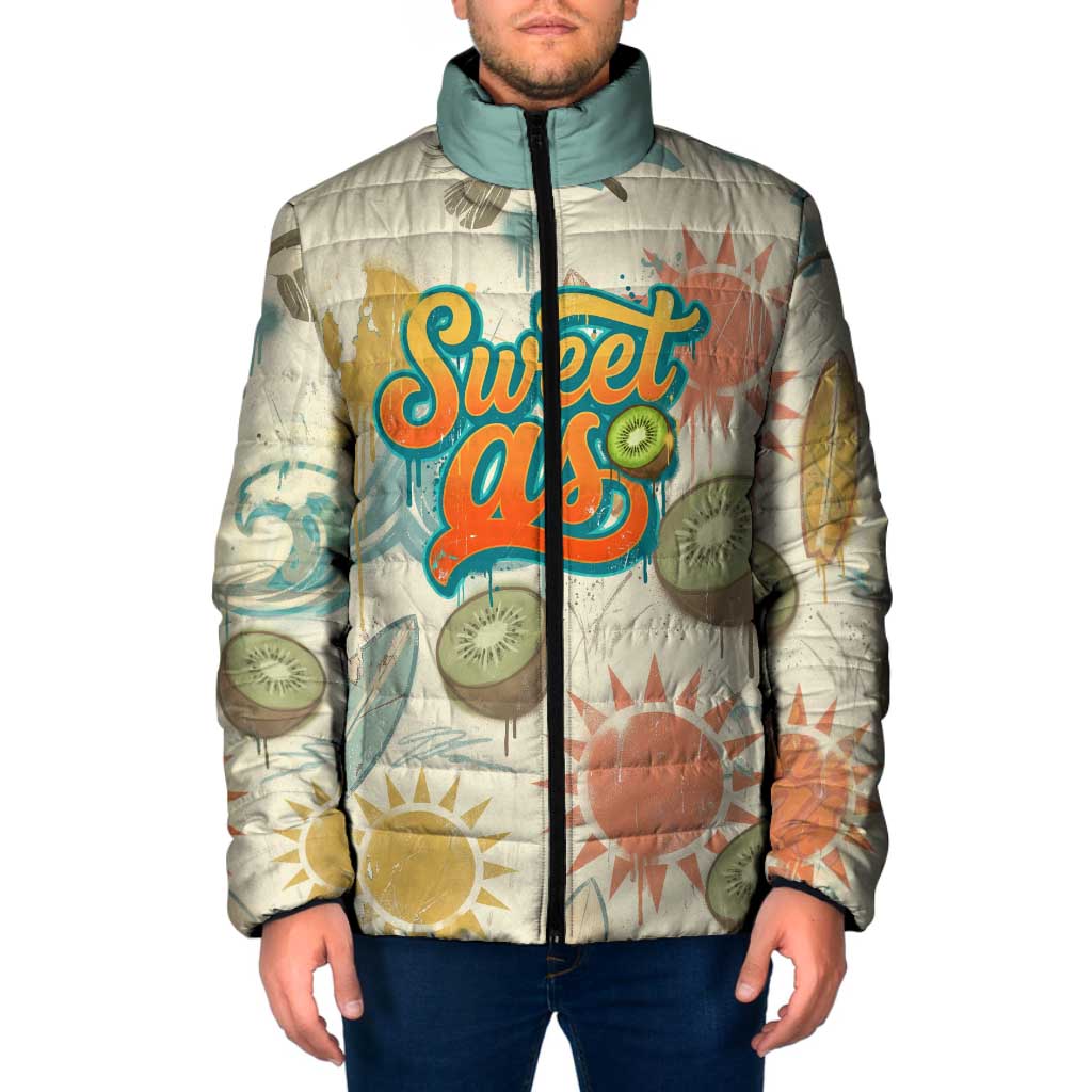 NZ Slang Sweet As Kiwi Shaka Sign Padded Jacket New Zealand Surfboards Sun and Tropical Beach Retro