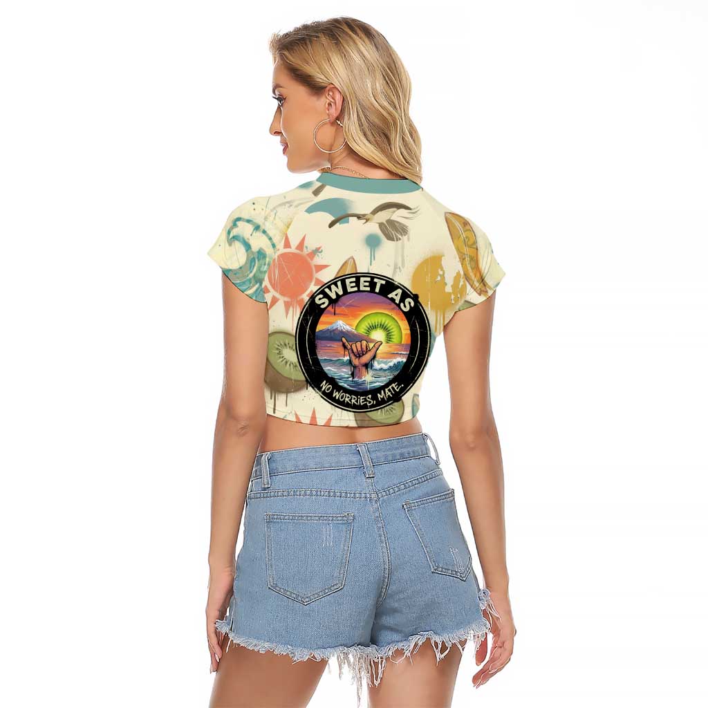 NZ Slang Sweet As Kiwi Shaka Sign Raglan Cropped T Shirt New Zealand Surfboards Sun and Tropical Beach Retro TS04 - Polynesian Pride