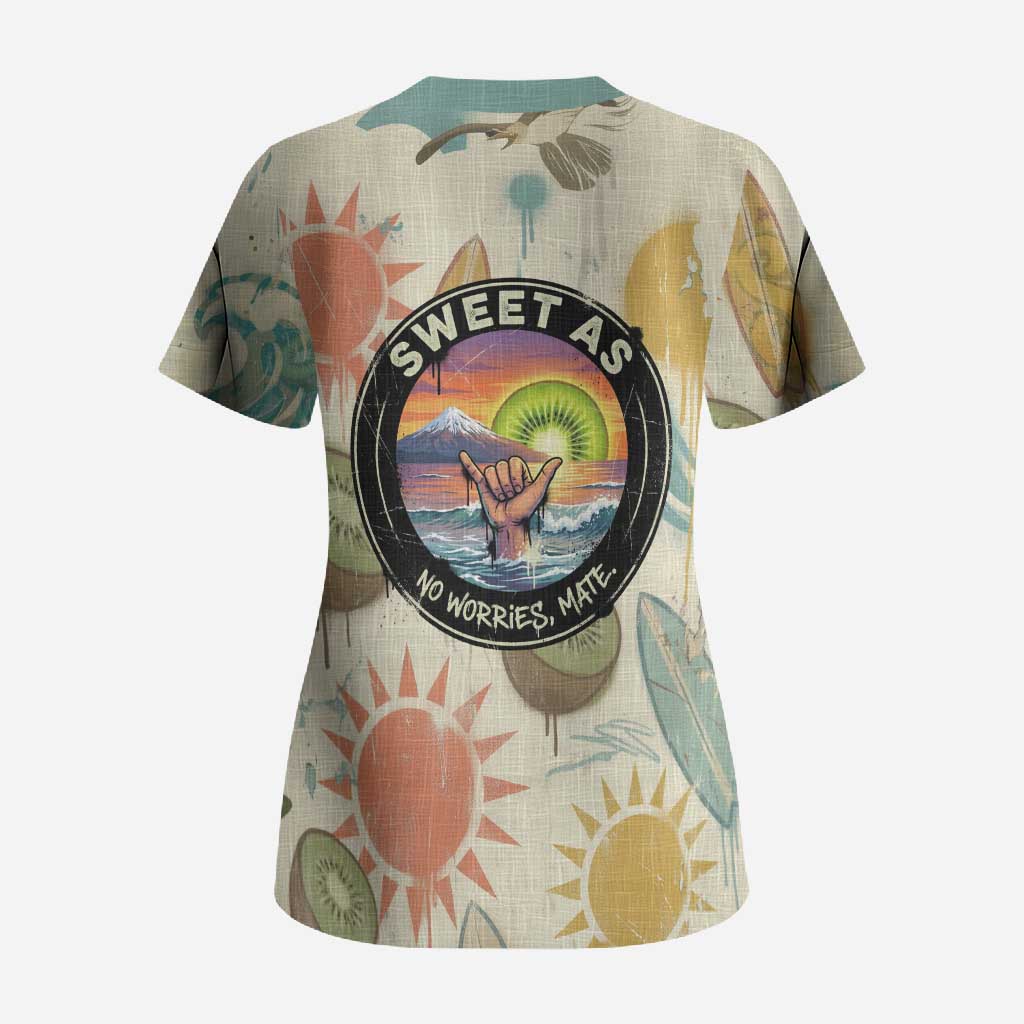 NZ Slang Sweet As Kiwi Shaka Sign Scrub Top New Zealand Surfboards Sun and Tropical Beach Retro TS04 - Polynesian Pride