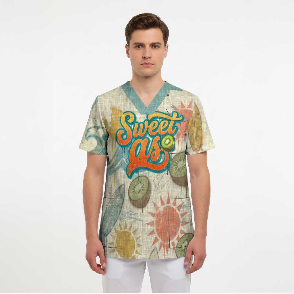 NZ Slang Sweet As Kiwi Shaka Sign Scrub Top New Zealand Surfboards Sun and Tropical Beach Retro TS04 - Polynesian Pride