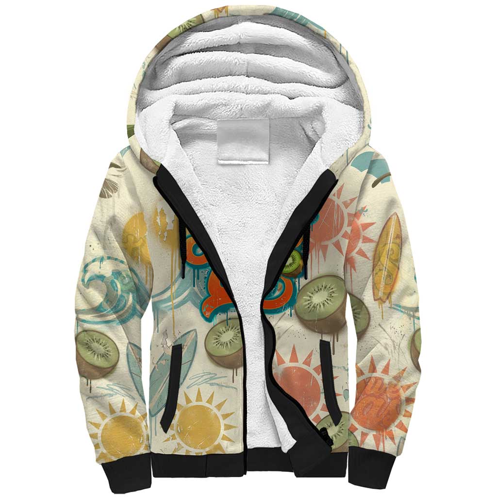 NZ Slang Sweet As Kiwi Shaka Sign Sherpa Hoodie New Zealand Surfboards Sun and Tropical Beach Retro TS04 Unisex Beige - Polynesian Pride