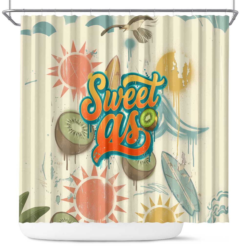 NZ Slang Sweet As Kiwi Shaka Sign Shower Curtain New Zealand Surfboards Sun and Tropical Beach Retro