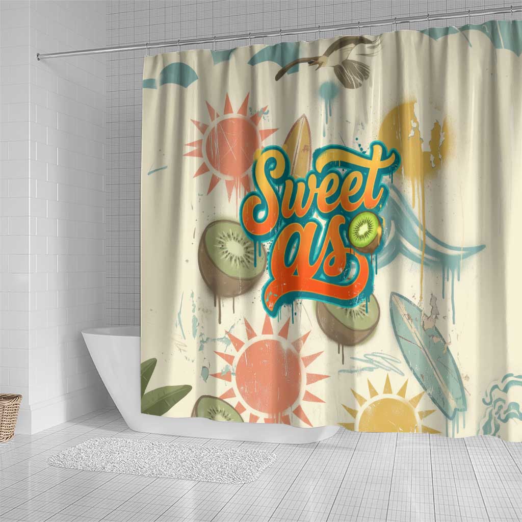NZ Slang Sweet As Kiwi Shaka Sign Shower Curtain New Zealand Surfboards Sun and Tropical Beach Retro TS04 - Polynesian Pride