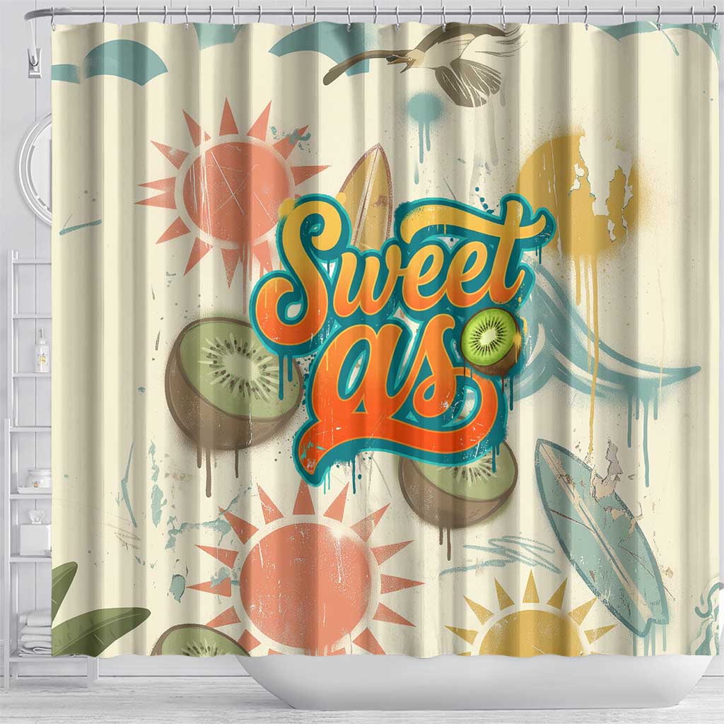 NZ Slang Sweet As Kiwi Shaka Sign Shower Curtain New Zealand Surfboards Sun and Tropical Beach Retro TS04 - Polynesian Pride