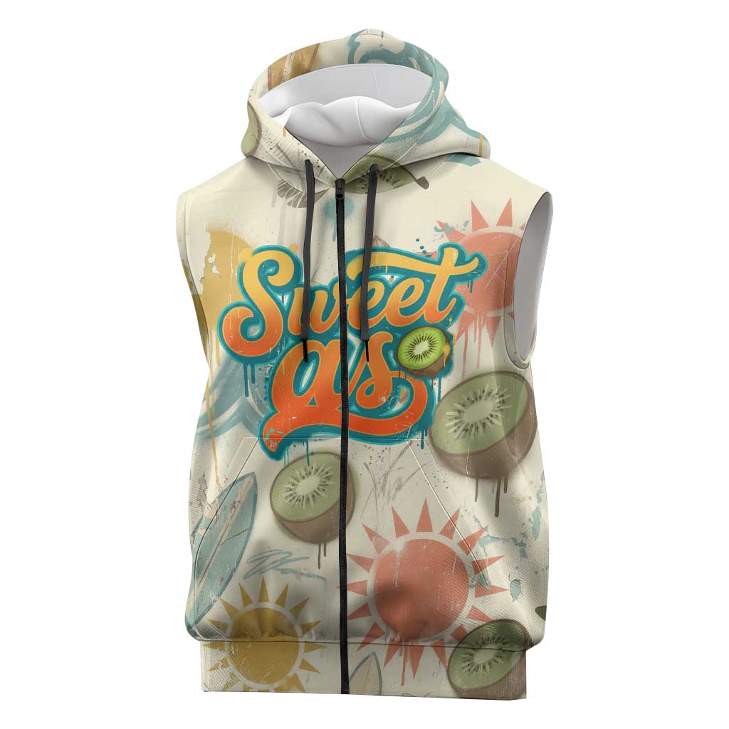 NZ Slang Sweet As Kiwi Shaka Sign Sleeveless Zip Hoodie New Zealand Surfboards Sun and Tropical Beach Retro TS04 Beige - Polynesian Pride