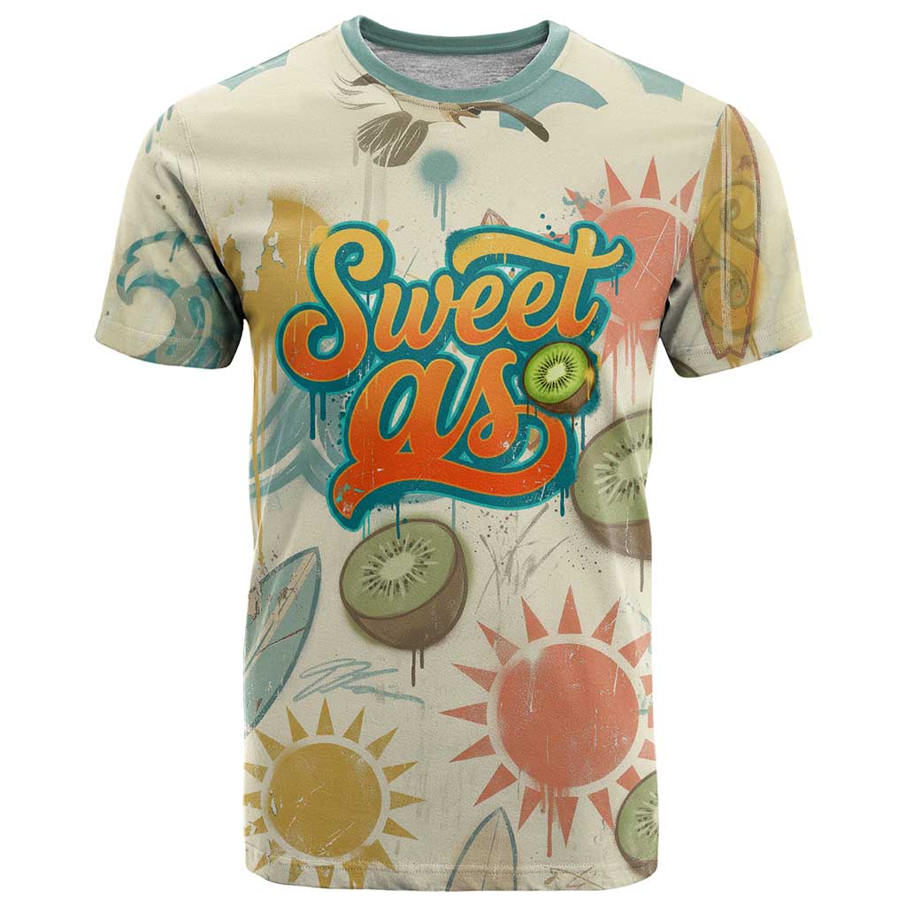 NZ Slang Sweet As Kiwi Shaka Sign T Shirt New Zealand Surfboards Sun and Tropical Beach Retro TS04 Beige - Polynesian Pride