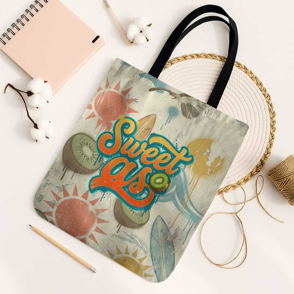 NZ Slang Sweet As Kiwi Shaka Sign Tote Bag New Zealand Surfboards Sun and Tropical Beach Retro