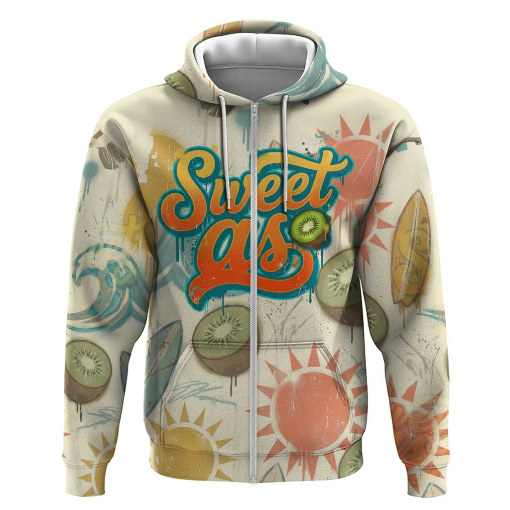 NZ Slang Sweet As Kiwi Shaka Sign Zip Hoodie New Zealand Surfboards Sun and Tropical Beach Retro TS04 Zip Hoodie Beige - Polynesian Pride