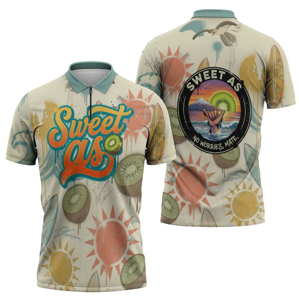 NZ Slang Sweet As Kiwi Shaka Sign Zipper Polo Shirt New Zealand Surfboards Sun and Tropical Beach Retro TS04 - Polynesian Pride