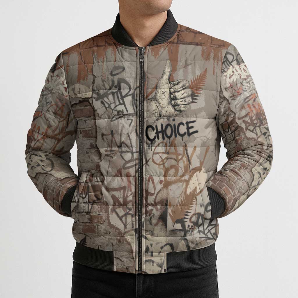 Choice Bro Graffiti Handshake Bomber Puffer Jacket New Zealand Slang Fern Brick Wall and Urban Street Art