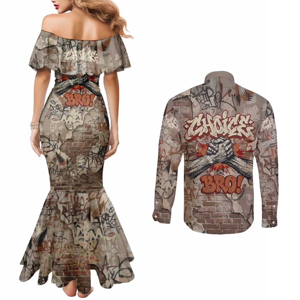 Choice Bro Graffiti Handshake Couples Matching Mermaid Dress and Long Sleeve Button Shirt New Zealand Slang Fern Brick Wall and Urban Street Art TS04 - Polynesian Pride