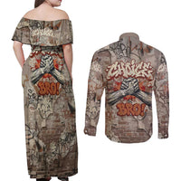 Choice Bro Graffiti Handshake Couples Matching Off Shoulder Maxi Dress and Long Sleeve Button Shirt New Zealand Slang Fern Brick Wall and Urban Street Art TS04 - Polynesian Pride