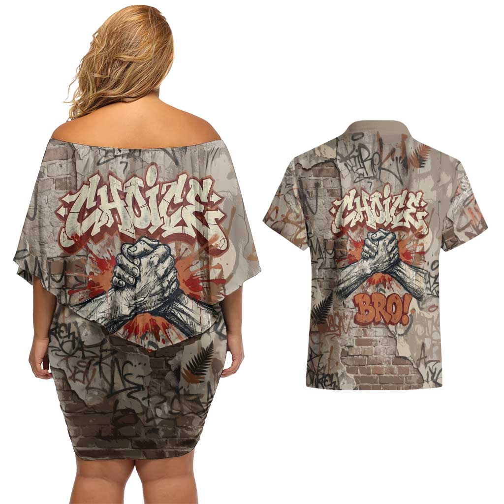 Choice Bro Graffiti Handshake Couples Matching Off Shoulder Short Dress and Hawaiian Shirt New Zealand Slang Fern Brick Wall and Urban Street Art TS04 - Polynesian Pride