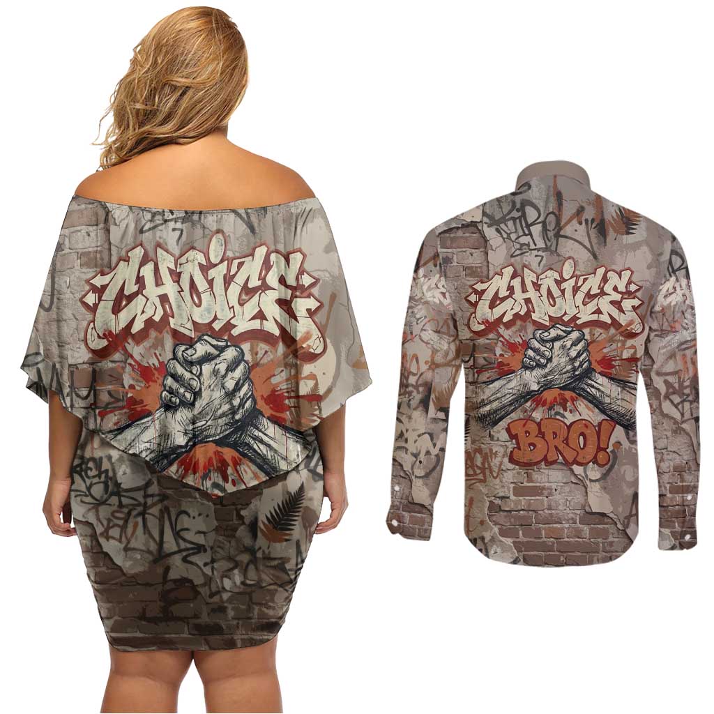 Choice Bro Graffiti Handshake Couples Matching Off Shoulder Short Dress and Long Sleeve Button Shirt New Zealand Slang Fern Brick Wall and Urban Street Art TS04 - Polynesian Pride