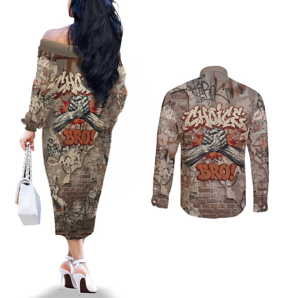 Choice Bro Graffiti Handshake Couples Matching Off The Shoulder Long Sleeve Dress and Long Sleeve Button Shirt New Zealand Slang Fern Brick Wall and Urban Street Art TS04 - Polynesian Pride