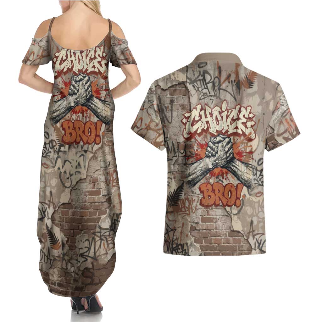 Choice Bro Graffiti Handshake Couples Matching Summer Maxi Dress and Hawaiian Shirt New Zealand Slang Fern Brick Wall and Urban Street Art TS04 - Polynesian Pride