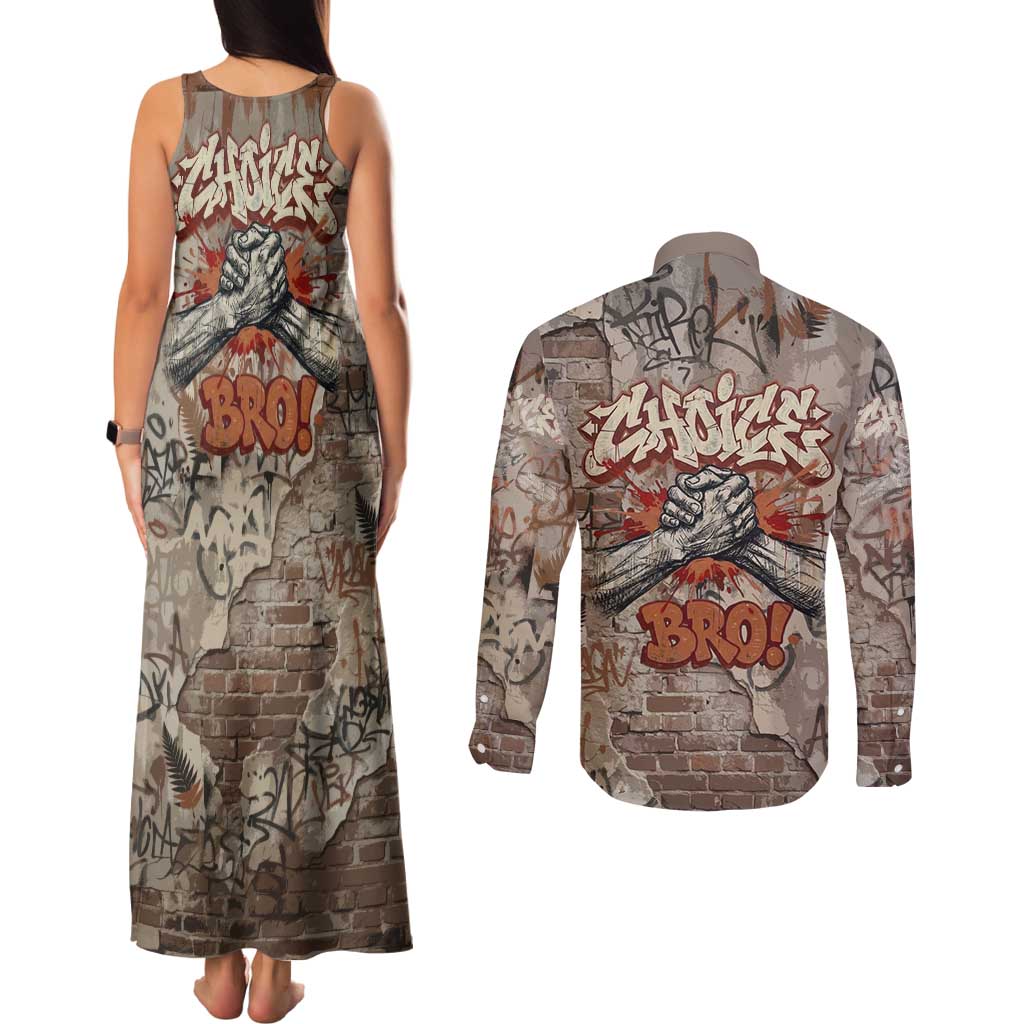 Choice Bro Graffiti Handshake Couples Matching Tank Maxi Dress and Long Sleeve Button Shirt New Zealand Slang Fern Brick Wall and Urban Street Art TS04 - Polynesian Pride