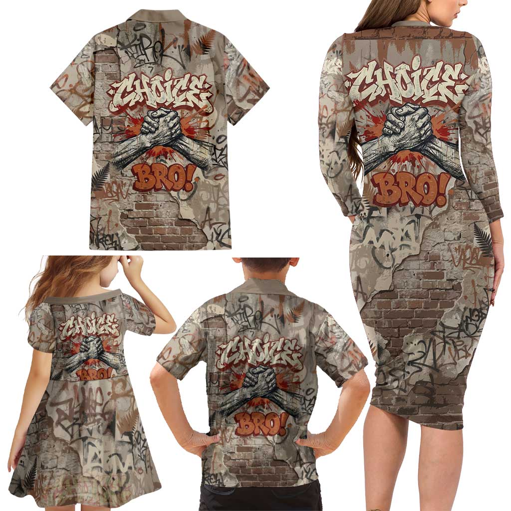 Choice Bro Graffiti Handshake Family Matching Long Sleeve Bodycon Dress and Hawaiian Shirt New Zealand Slang Fern Brick Wall and Urban Street Art TS04 - Polynesian Pride