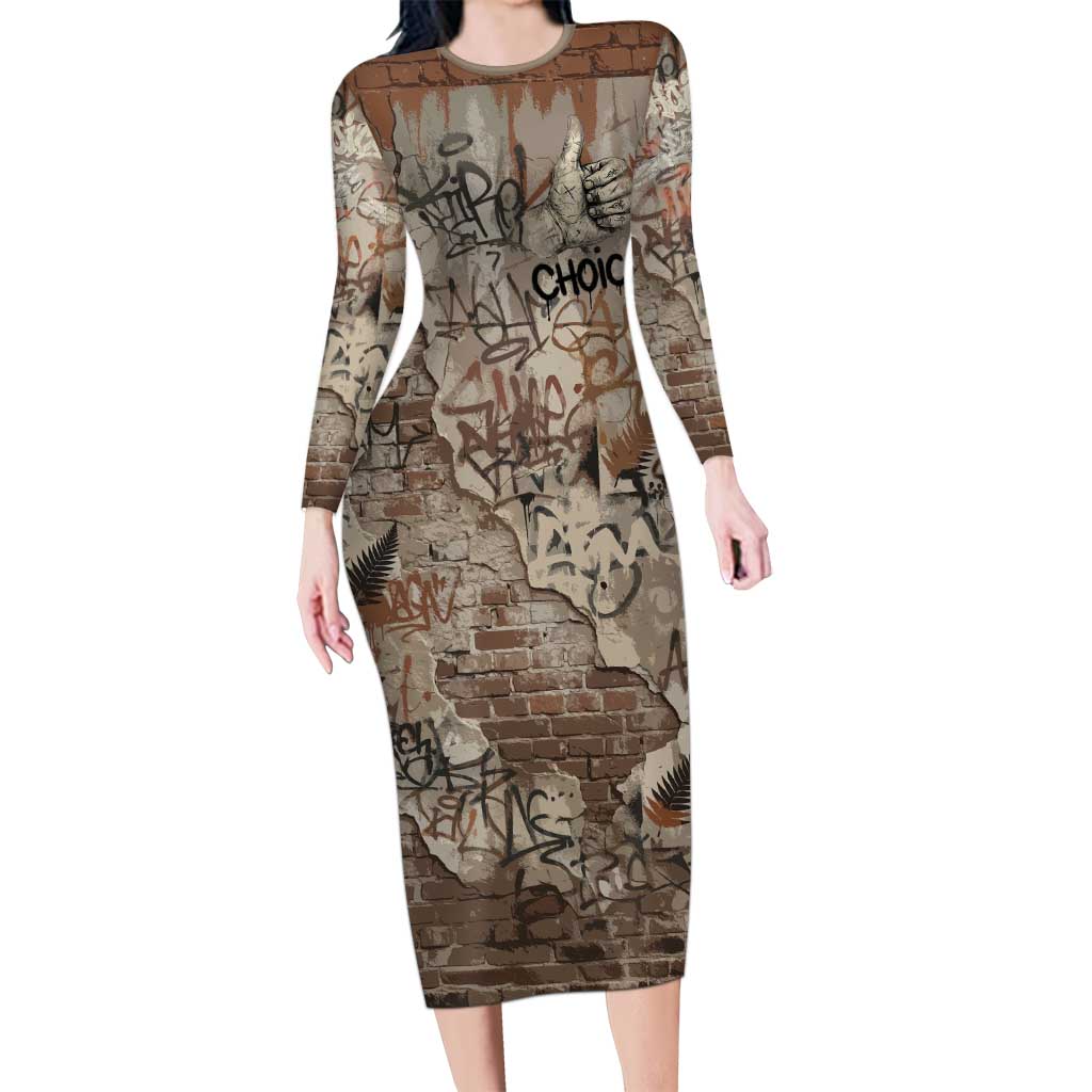 Choice Bro Graffiti Handshake Family Matching Long Sleeve Bodycon Dress and Hawaiian Shirt New Zealand Slang Fern Brick Wall and Urban Street Art TS04 Mom's Dress Multicolor - Polynesian Pride