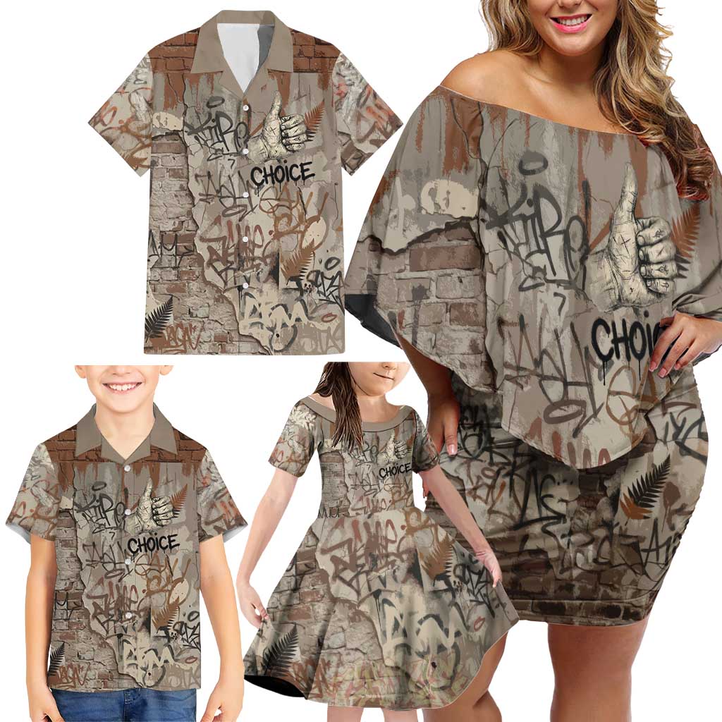 Choice Bro Graffiti Handshake Family Matching Off Shoulder Short Dress and Hawaiian Shirt New Zealand Slang Fern Brick Wall and Urban Street Art TS04 - Polynesian Pride