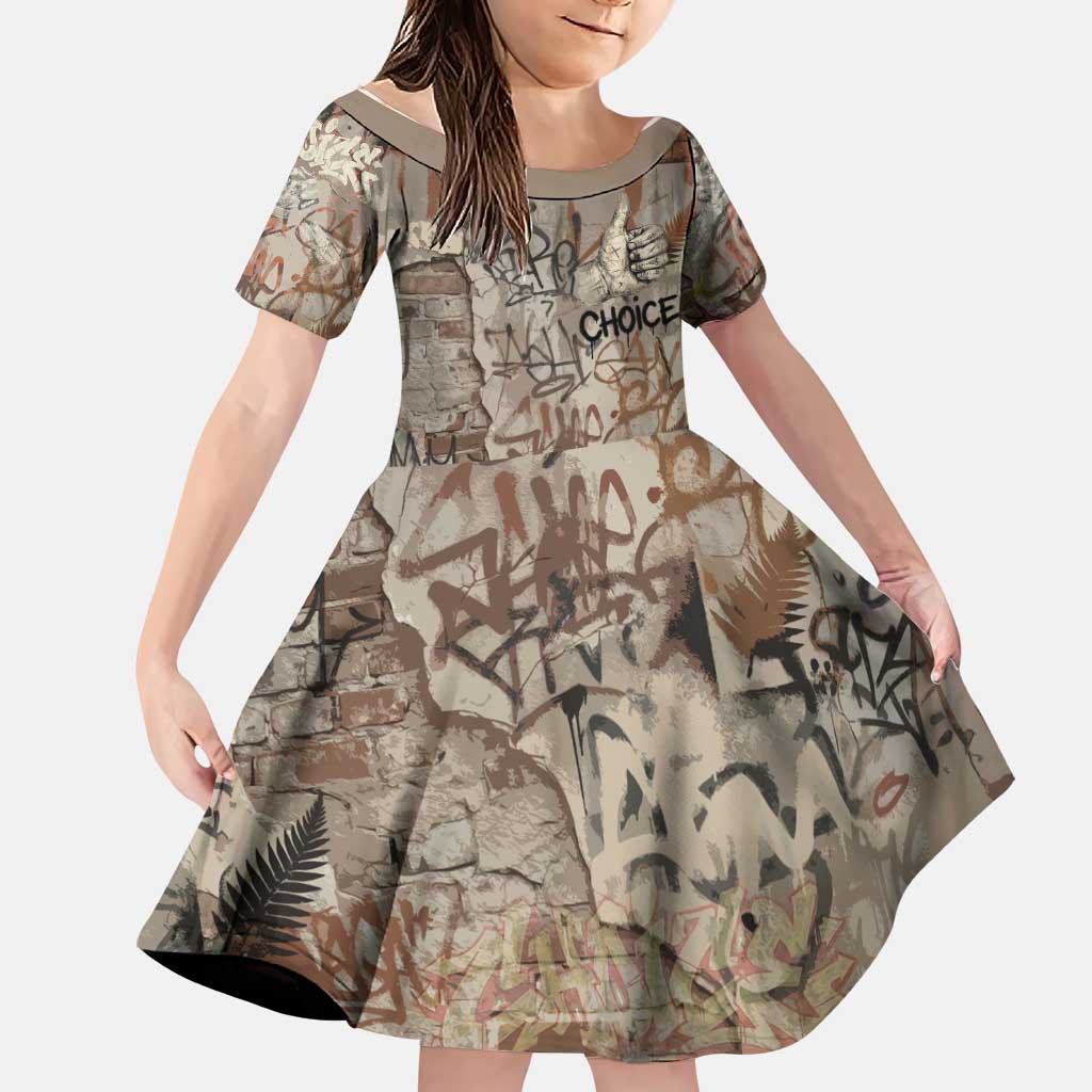 Choice Bro Graffiti Handshake Family Matching Puletasi and Hawaiian Shirt New Zealand Slang Fern Brick Wall and Urban Street Art TS04 Daughter's Dress Multicolor - Polynesian Pride