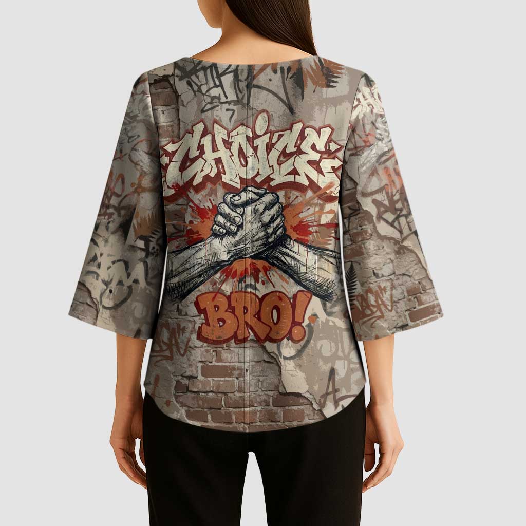 Choice Bro Graffiti Handshake Kimono Sleeve Blouse New Zealand Slang Fern Brick Wall and Urban Street Art TS04 - Polynesian Pride