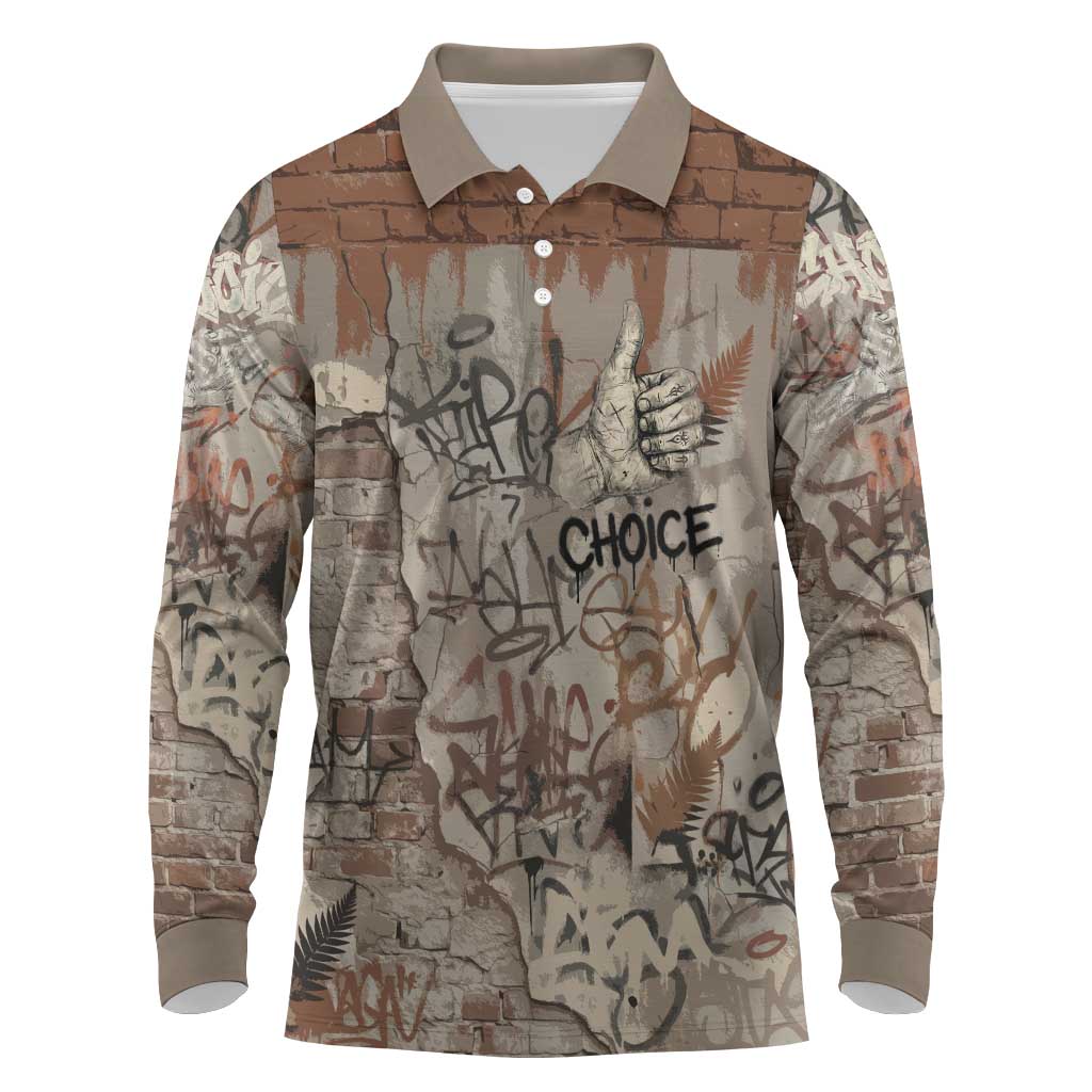 Choice Bro Graffiti Handshake Long Sleeve Polo Shirt New Zealand Slang Fern Brick Wall and Urban Street Art