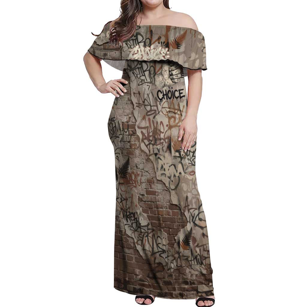 Choice Bro Graffiti Handshake Off Shoulder Maxi Dress New Zealand Slang Fern Brick Wall and Urban Street Art TS04 Women Multicolor - Polynesian Pride