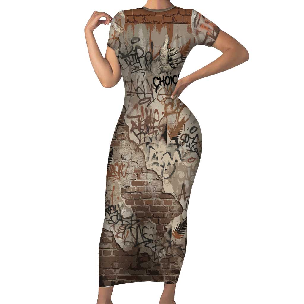 Choice Bro Graffiti Handshake Short Sleeve Bodycon Dress New Zealand Slang Fern Brick Wall and Urban Street Art TS04 Long Dress Multicolor - Polynesian Pride