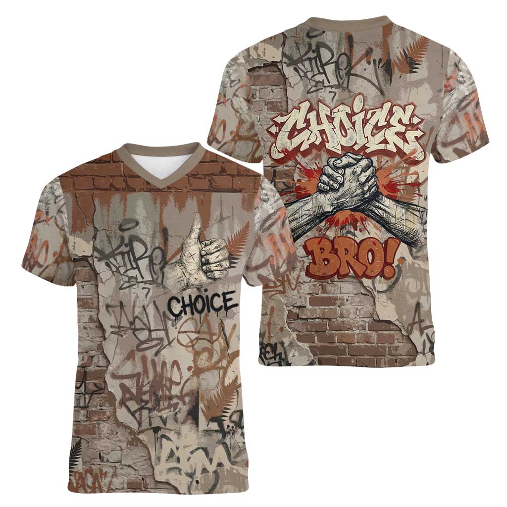 Choice Bro Graffiti Handshake Women V-Neck T-Shirt New Zealand Slang Fern Brick Wall and Urban Street Art TS04 - Polynesian Pride