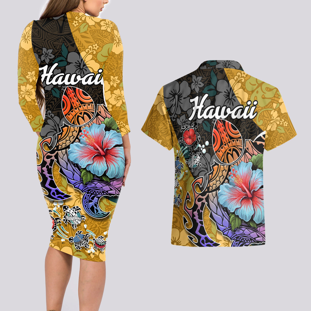 Hawaii Polynesian Couples Matching Long Sleeve Bodycon Dress and Hawaiian Shirt Turtles and Hibiscus Flower Gradient Pattern TS04 - Polynesian Pride
