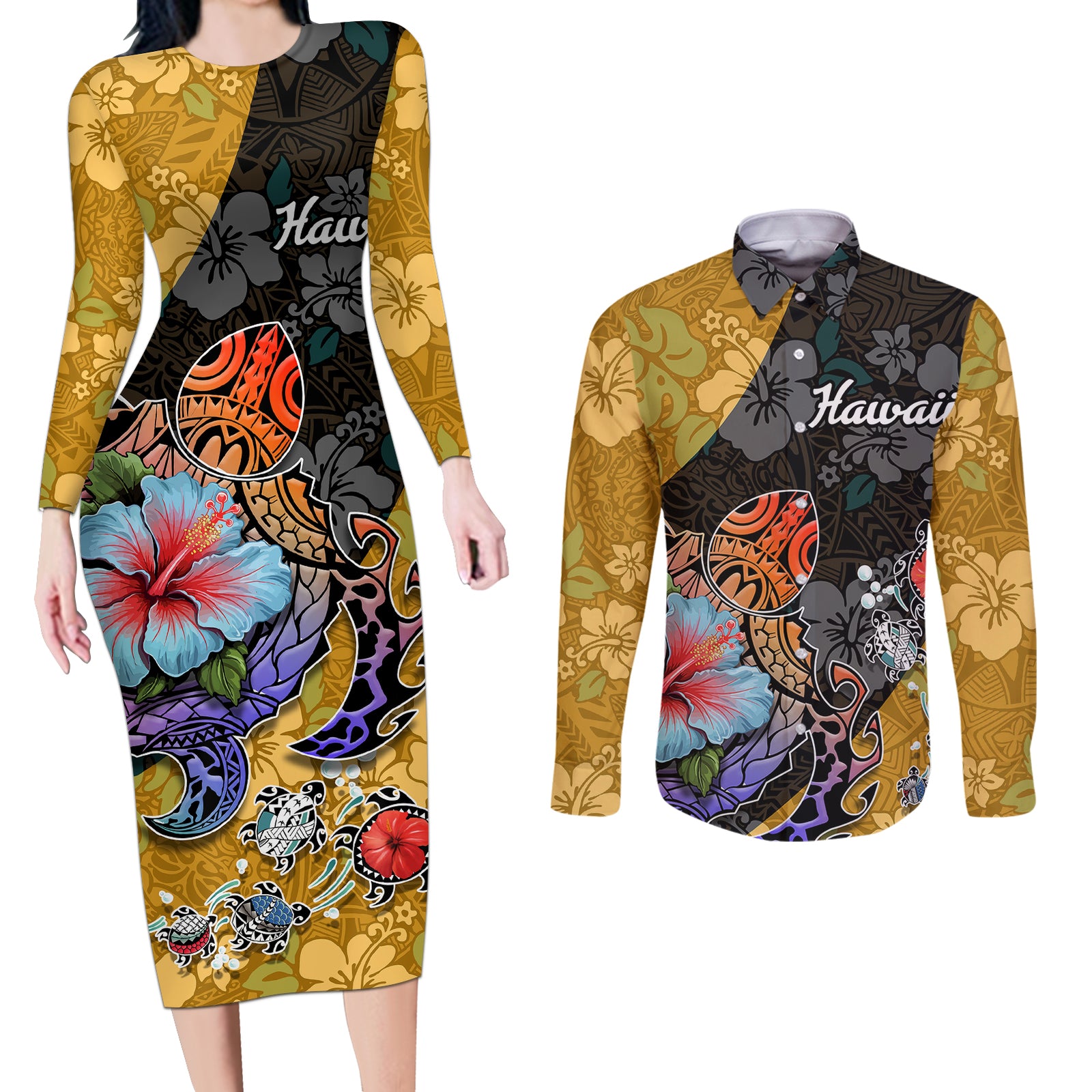 Hawaii Polynesian Couples Matching Long Sleeve Bodycon Dress and Long Sleeve Button Shirts Turtles and Hibiscus Flower Gradient Pattern TS04 Multicolor - Polynesian Pride