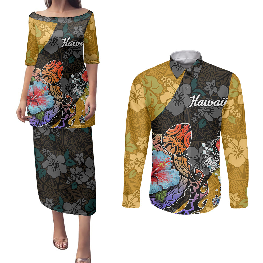 Hawaii Polynesian Couples Matching Puletasi Dress and Long Sleeve Button Shirts Turtles and Hibiscus Flower Gradient Pattern TS04 Multicolor - Polynesian Pride