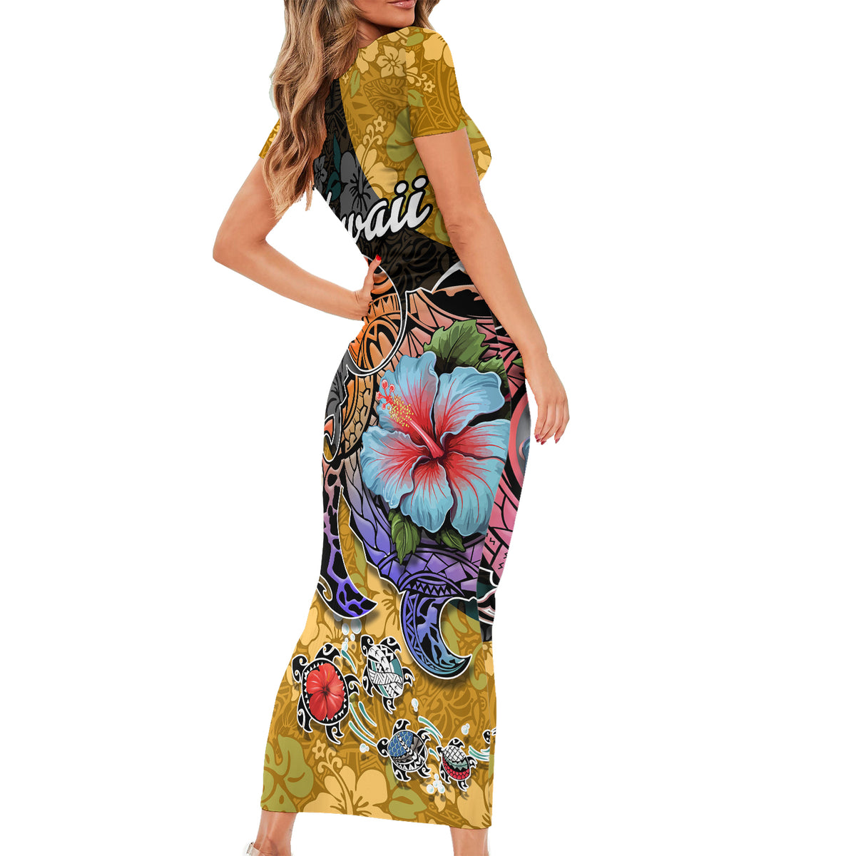 Hawaii Polynesian Short Sleeve Bodycon Dress Turtles and Hibiscus Flower Gradient Pattern TS04 - Polynesian Pride