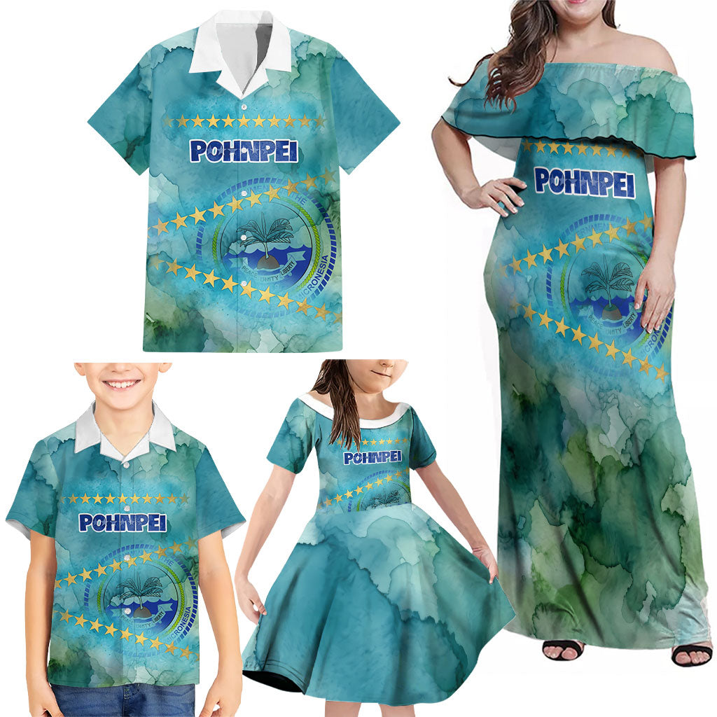 Pohnpei Federated States Of Micronesia Family Matching Off Shoulder Maxi Dress and Hawaiian Shirt Watercolor Heritage Graphic Art With State Seal And Tropical Stars TS04 - Polynesian Pride