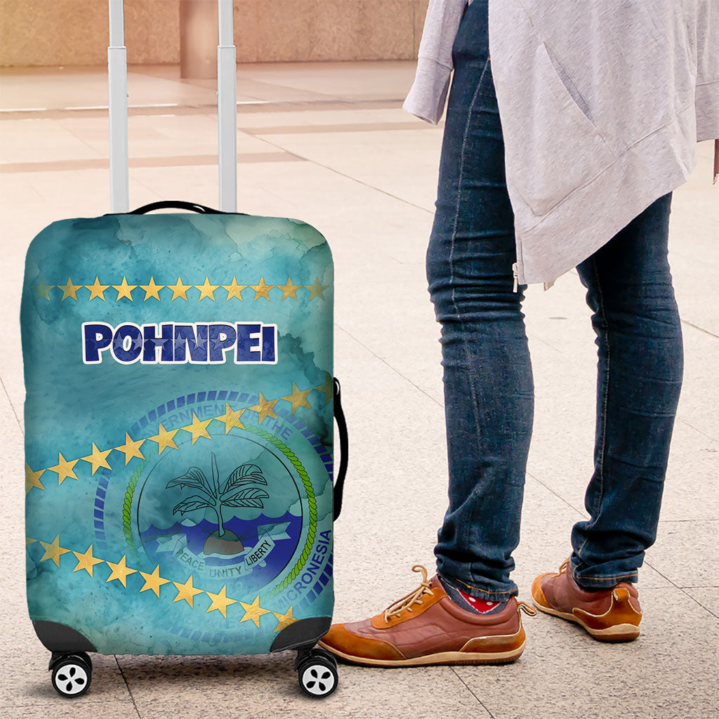 Pohnpei Federated States Of Micronesia Luggage Cover Watercolor Heritage Graphic Art With State Seal And Tropical Stars TS04 Blue Green - Polynesian Pride