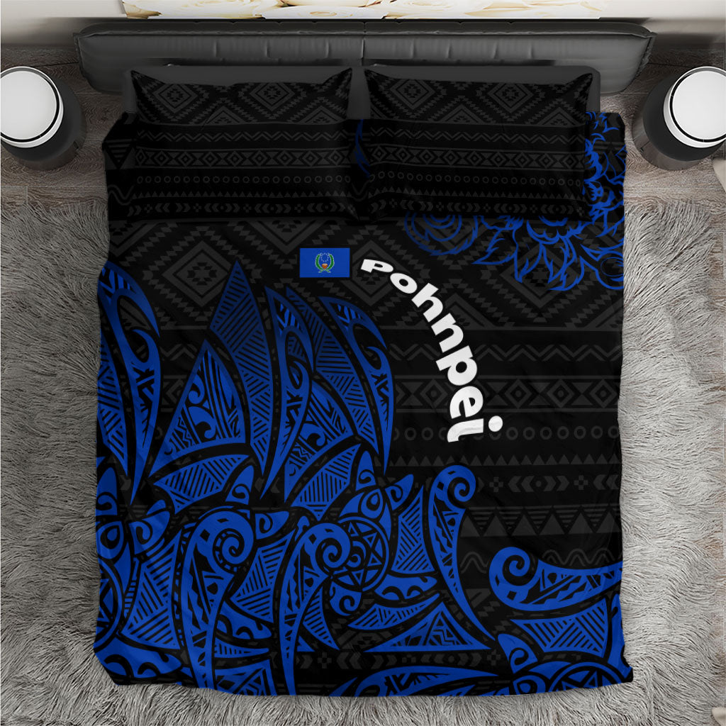 Pohnpei Federated States Of Micronesia Bedding Set Polynesian Tribal Heritage Art With Blue Island Tattoo Patterns