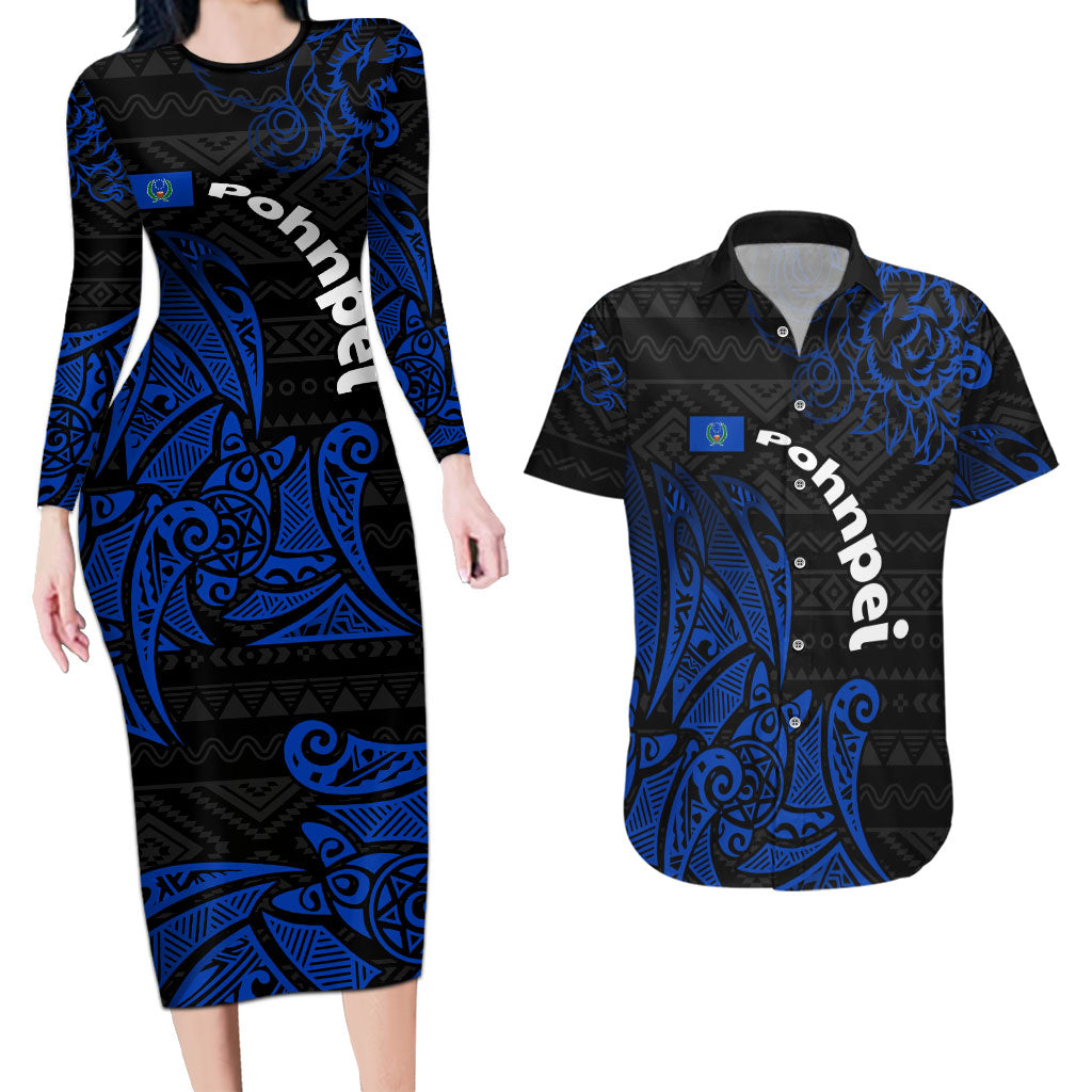 Pohnpei Federated States Of Micronesia Couples Matching Long Sleeve Bodycon Dress and Hawaiian Shirt Polynesian Tribal Heritage Art With Blue Island Tattoo Patterns TS04 Black Blue - Polynesian Pride
